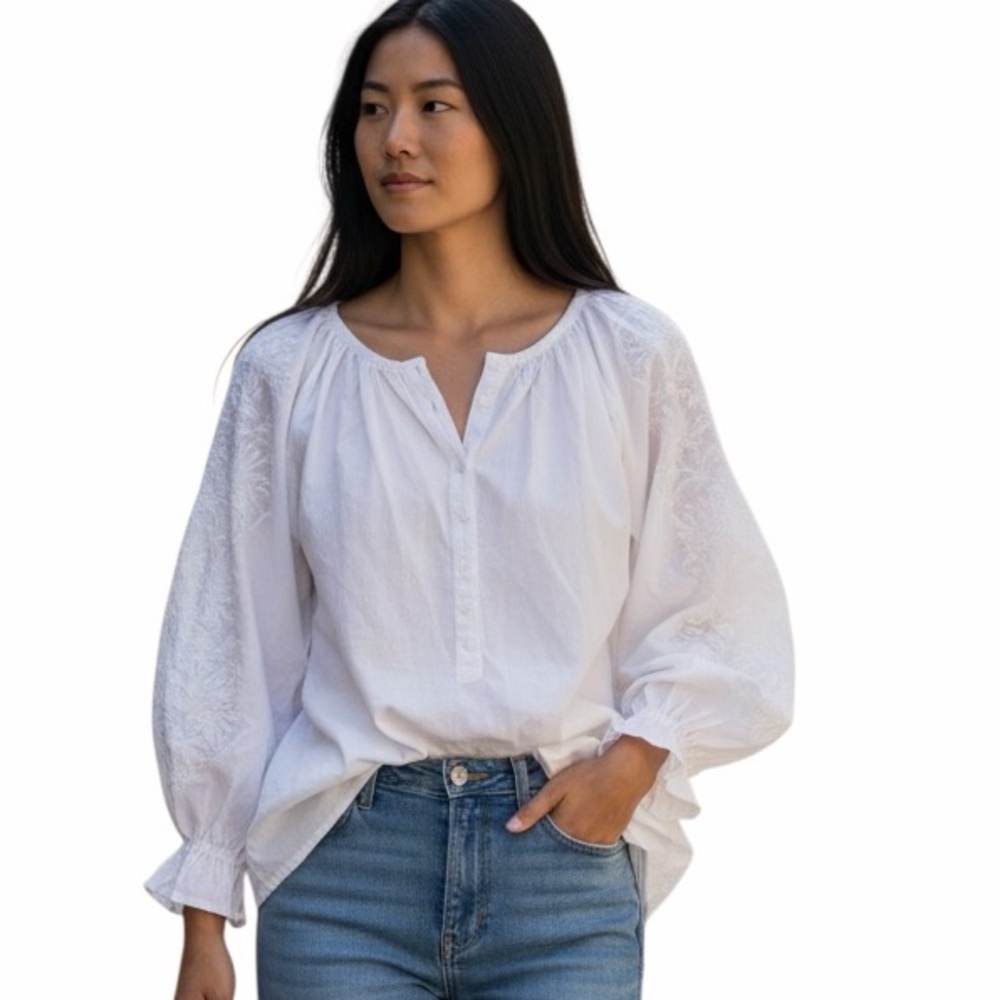 White Embroidered Blouse Oversized Poet Sleeve Top Cottage Prairie